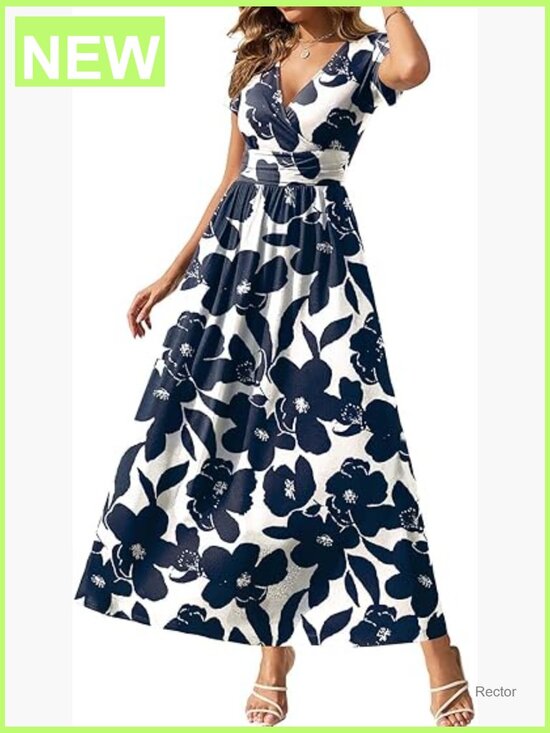 Dresses & Skirts - Women's Summer Short Sleeve Maxi Dress V Neck Flowy Sundress with Pockets